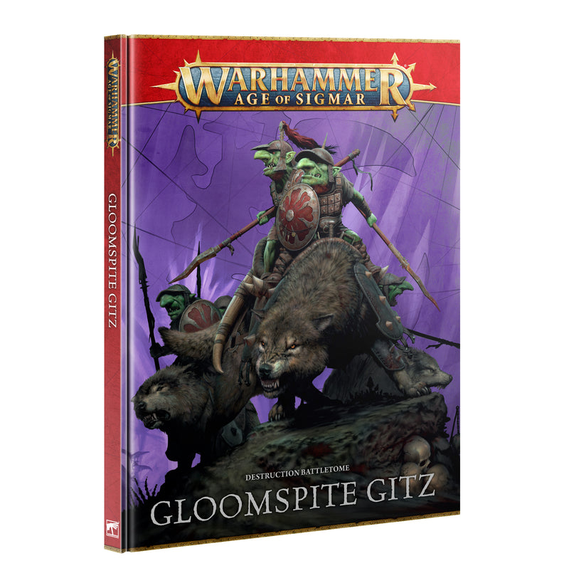 The cover of the Warhammer Age of Sigmar: Gloomspite Gitz - Battletome shows goblin-like creatures on fierce beasts.