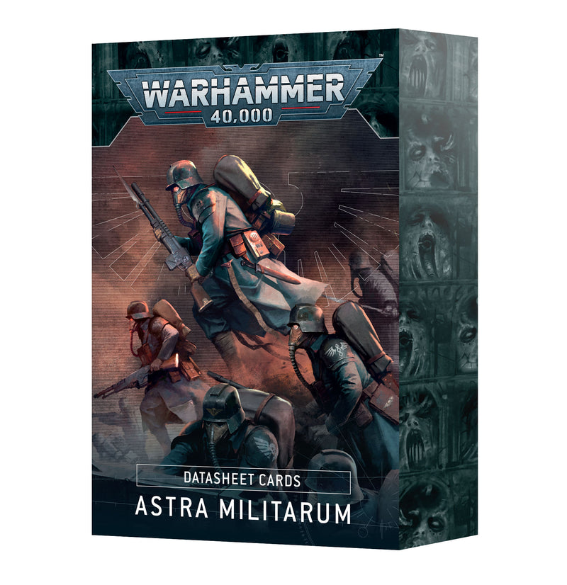 Warhammer 40k: Astra Militarum - Datasheet Cards by Games Workshop, featuring a box illustrated with four armored soldiers in dark helmets wielding rifles as they advance through a battle scene, and adorned with gothic skull decorations along the sides.