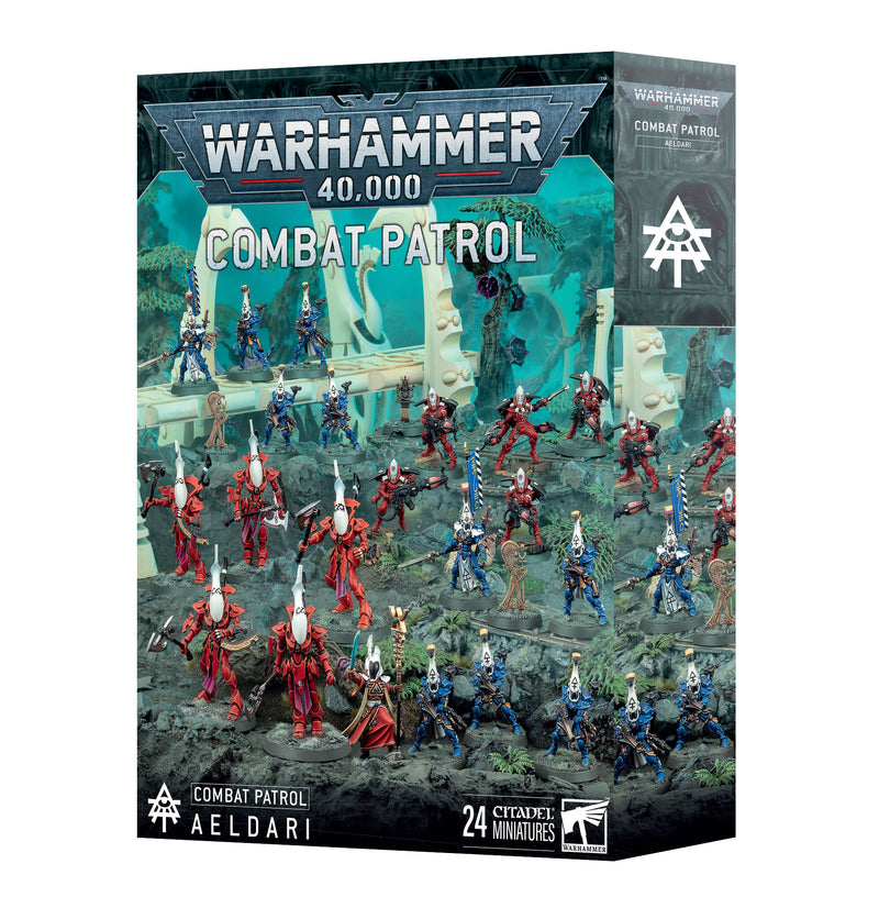 Box of Warhammer 40k: Aeldari - Combat Patrol 2025 miniatures, painted models posed in ancient forest ruin; box art shows 24 figures with Warhammer 40,000 Combat Patrol title at the top.