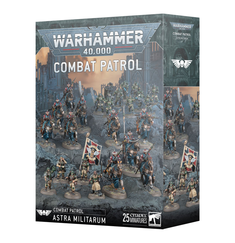 A box of Warhammer 40k: Astra Militarum - Combat Patrol includes 25 Citadel miniatures and artwork of Imperial Guard soldiers.