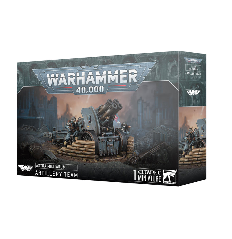 Box of Warhammer 40k: Astra Militarum - Krieg Artillery Team, depicting Death Korps soldiers with artillery in a war-torn setting.