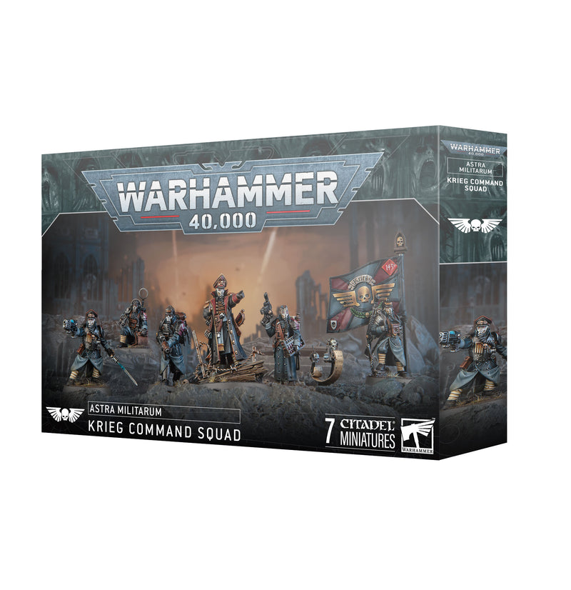 Box of Warhammer 40k: Astra Militarum - Krieg Command Squad by Games Workshop, featuring 7 detailed Citadel miniatures posed for display with striking gothic artwork in the background.
