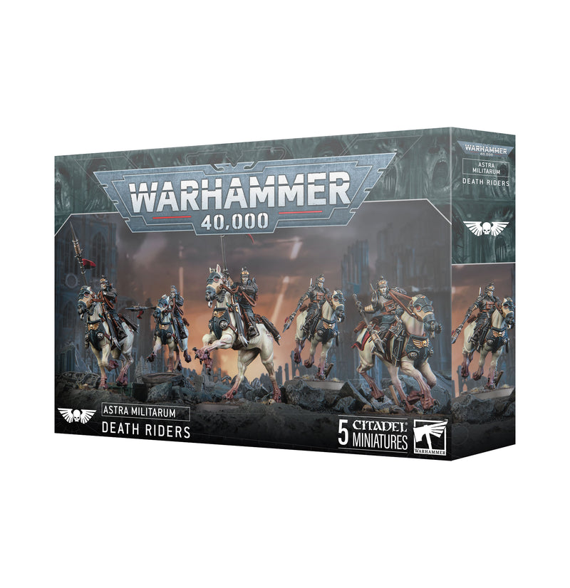 Box of Warhammer 40k: Astra Militarum - Death Riders by Games Workshop, showing five armored soldiers on mechanical horses with Warhammer branding on the front.