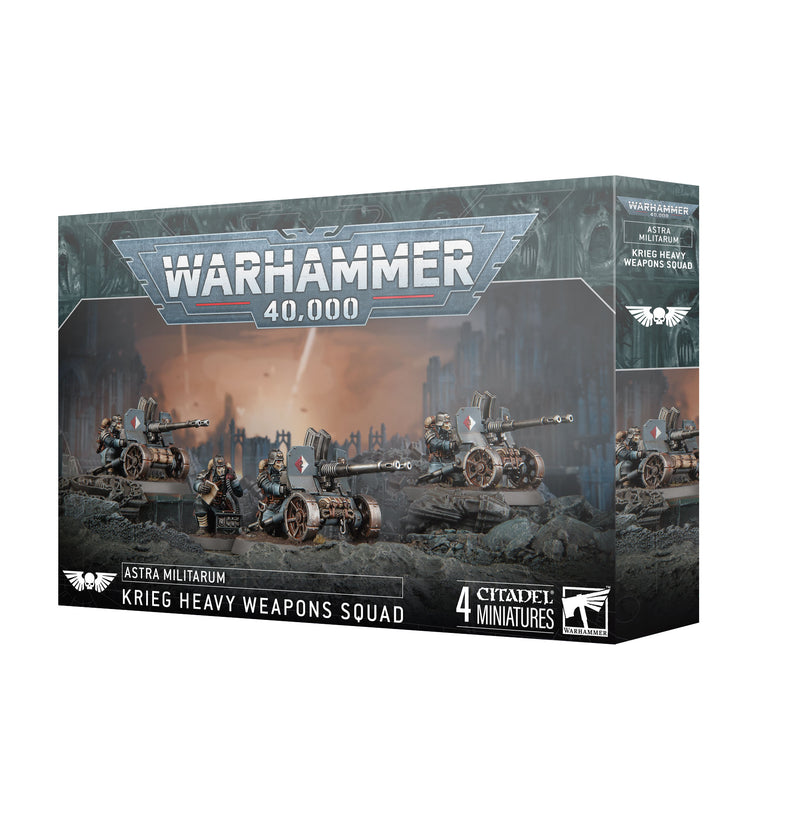 A box of Warhammer 40k: Astra Militarum – Krieg Heavy Weapons Squad miniatures by Games Workshop, showcasing assembled and painted models equipped with heavy weaponry and displayed against a war-torn urban backdrop.