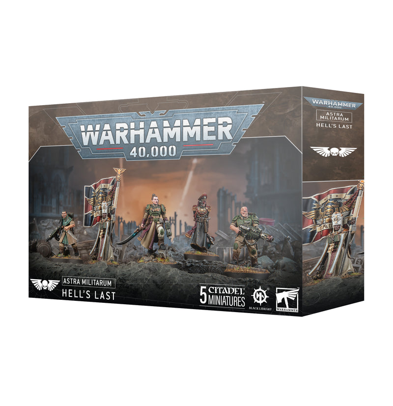 The Warhammer 40k: Astra Militarum - Minka Lesk: Hell's Last box features five painted plastic miniatures with scenic bases and accessories, displayed against a ruined city backdrop alongside product logos. The packaging emphasizes “5 Citadel Miniatures” and is produced by Games Workshop.