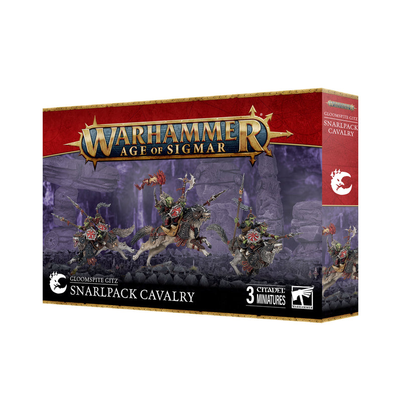 Warhammer Age of Sigmar: Gloomspite Gitz - Snarlpack Cavalry by Games Workshop; box shows three goblin riders on wolves.