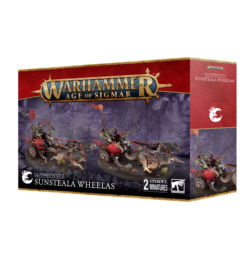 Warhammer Age of Sigmar: Gloomspite Gitz - Sunsteala Wheelas features goblin riders on spiky chariots, box by Games Workshop.