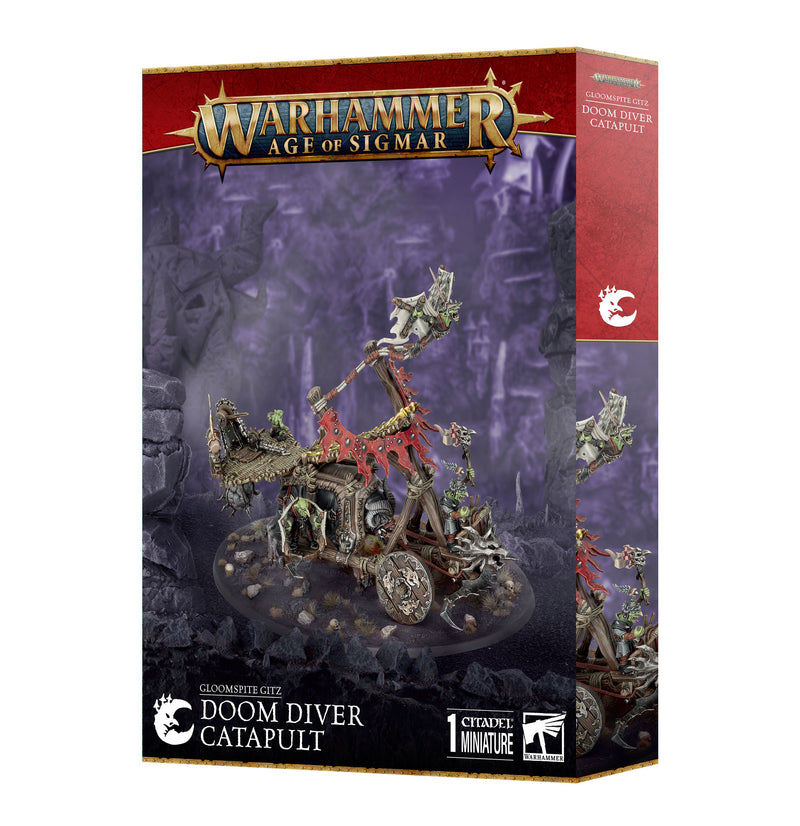 The Warhammer Age of Sigmar: Gloomspite Gitz - Doom Diver Catapult box features detailed artwork and Games Workshop branding.