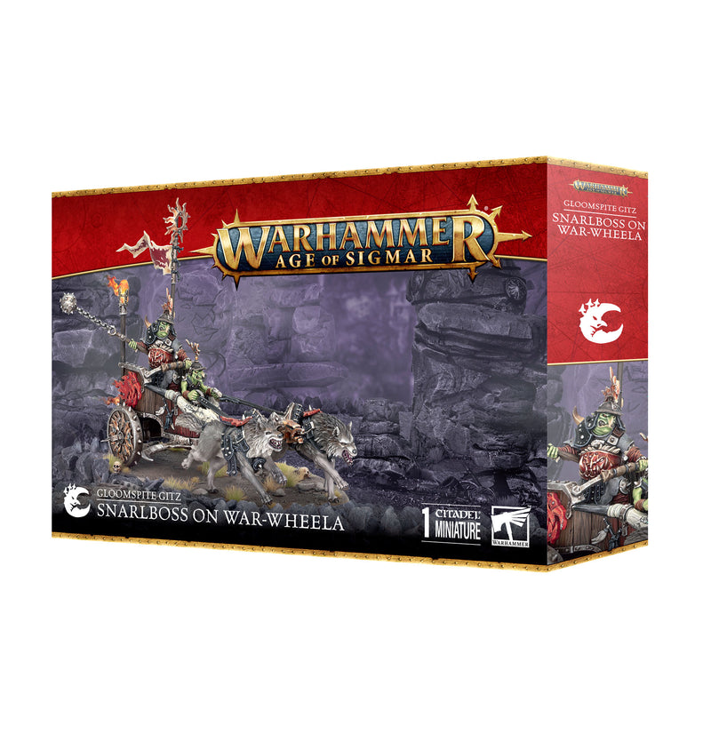 Warhammer Age of Sigmar: Gloomspite Gitz - Snarlboss on War-Wheela box by Games Workshop, with Citadel Miniature branding and artwork of a goblin riding a boar-pulled chariot in a rocky setting.