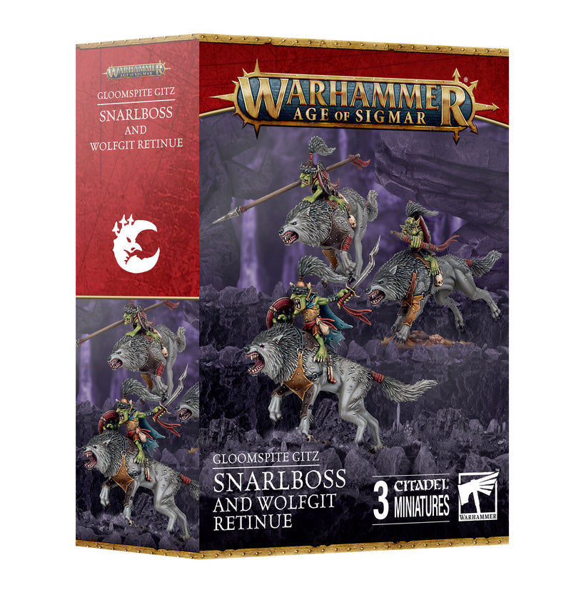 Warhammer Age of Sigmar: Gloomspite Gitz - Snarlboss & Wolfgit Retinue features goblins on wolves, plastic parts, themed box.