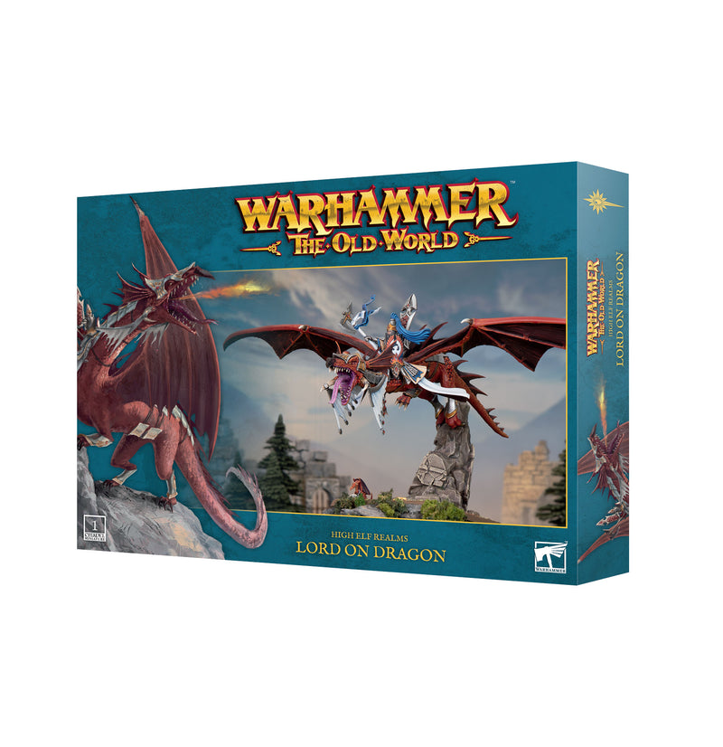 Warhammer The Old World: High Elf Realms – Lord on Dragon by Games Workshop features a detailed miniature of a warrior riding a red dragon above a rocky landscape with buildings in the background. This box set includes a Citadel base, perfect for display and painting.