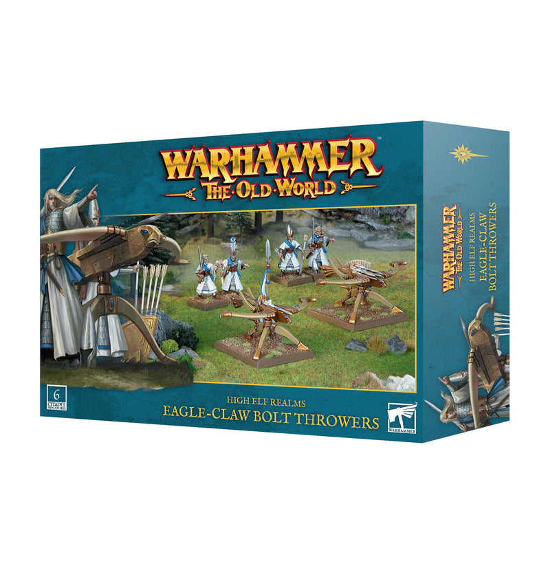 A box of Warhammer The Old World: High Elf Eagle Claw Bolt Throwers miniatures with painted models on scenic battlefield art.