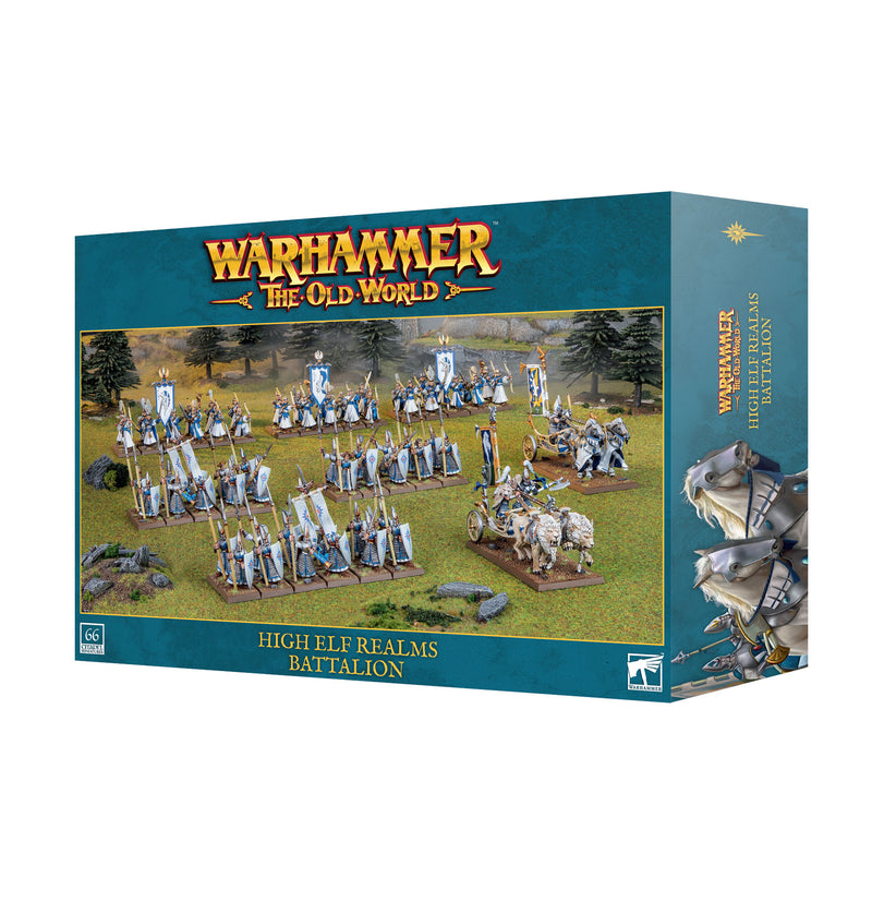 Box of Warhammer The Old World: High Elf Realms - Battalion miniatures featuring painted High Elf units such as Elven Spearmen, banners, and a chariot on the cover. Produced by Games Workshop, the mostly blue box displays yellow and red text.