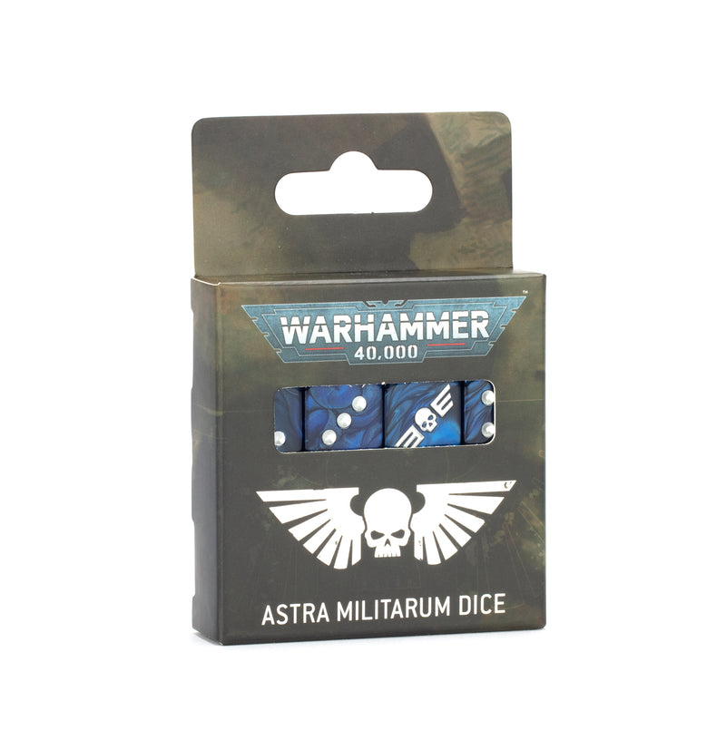 A box of Warhammer 40k: Astra Militarum - Dice, featuring a window that displays blue dice with white pips. The packaging showcases the Warhammer 40,000 logo and a winged skull emblem.