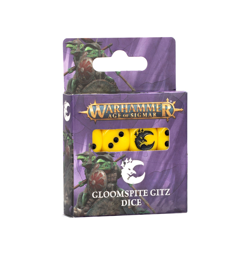 The Warhammer Age of Sigmar: Gloomspite Gitz - Dice set features yellow dice with black symbols and pips in a purple box decorated with goblin-themed artwork.