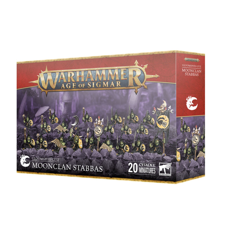 Warhammer Age of Sigmar: Gloomspite Gitz - Stabbas box from Games Workshop includes 20 unpainted goblin miniatures with weapons and purple and yellow banners.