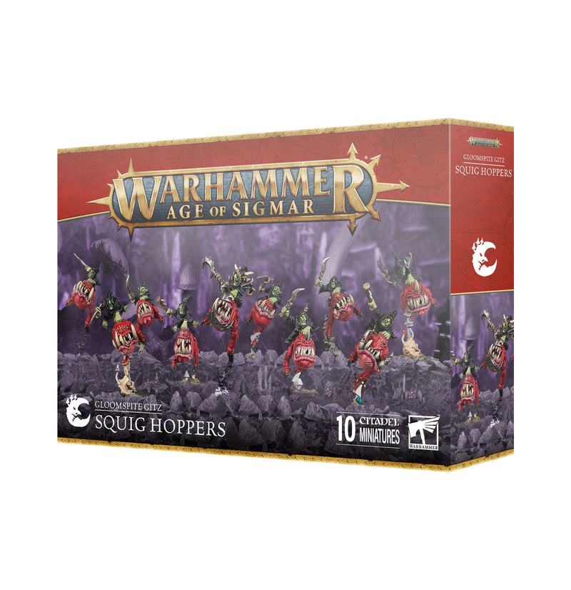 Warhammer Age of Sigmar: Gloomspite Gitz - Squig Hoppers box includes 10 Citadel miniatures of goblins riding red squigs.