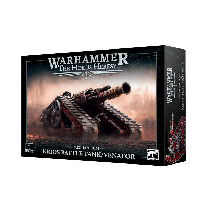 Box of Horus Heresy: Mechanicum Krios Battle Tank model kit by Games Workshop, featuring an illustration of a red sci-fi tank with large wheels and a cannon in a smoky battlefield setting. Includes plastic components for assembling the miniature.