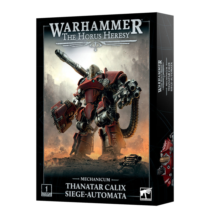 Box art for Horus Heresy: Mechanicum Thanatar Calix Siege Automata showcases a formidable Games Workshop Macro-construct. This imposing red war machine, armed with a powerful cannon, stands amidst a smoky, battle-scarred landscape—perfectly representing the immersive miniature assembly experience within the grimdark universe of Warhammer: The Horus Heresy.