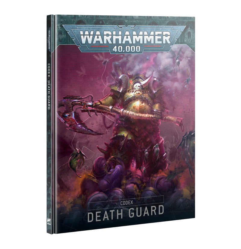 The Warhammer 40k: Death Guard - Codex 10th Ed features a cover depicting a heavily armored Death Guard warrior of Nurgle, armed with a massive weapon and standing amid smoke and defeated foes.