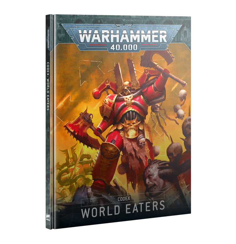 Cover of Warhammer 40k: World Eaters – Codex 10th Ed, featuring a red-armored Khorne warrior wielding a chainsaw axe among skulls, locked in battle amid chaos and monstrous foes.