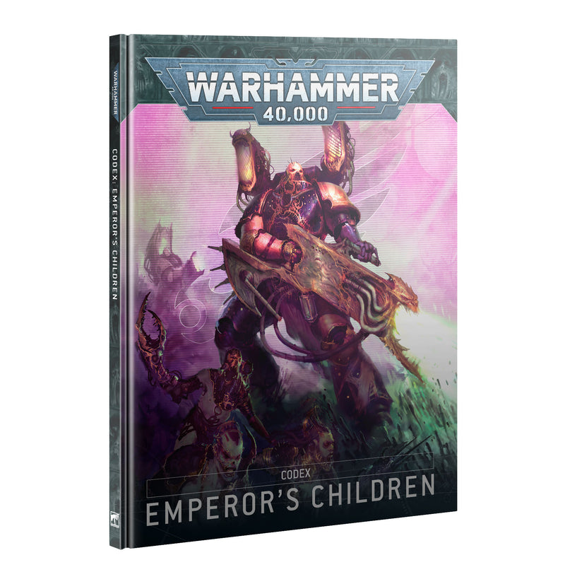 The Warhammer 40k: Emperor's Children - Codex features cover art of a purple-armored warrior with an ornate sword and swirling energy.