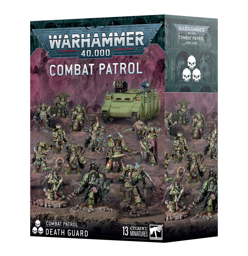 Box of Warhammer 40k: Death Guard - Combat Patrol 2025 set from Games Workshop, featuring painted Deathshroud Terminators and Plague Marines, a vehicle, and prominent game branding. The box art showcases detailed models with the Warhammer 40,000 logo at the top.