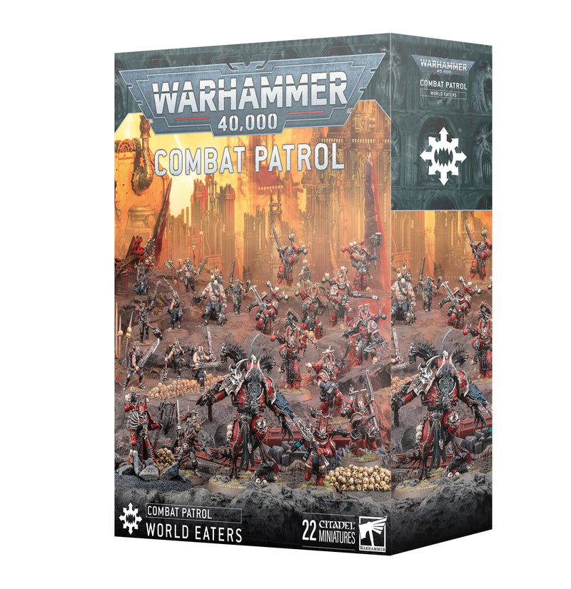 Warhammer 40k: World Eaters - Combat Patrol 2025 by Games Workshop includes 22 Citadel miniatures, featuring red-armored Khorne Berzerkers in a war-torn battlefield set.