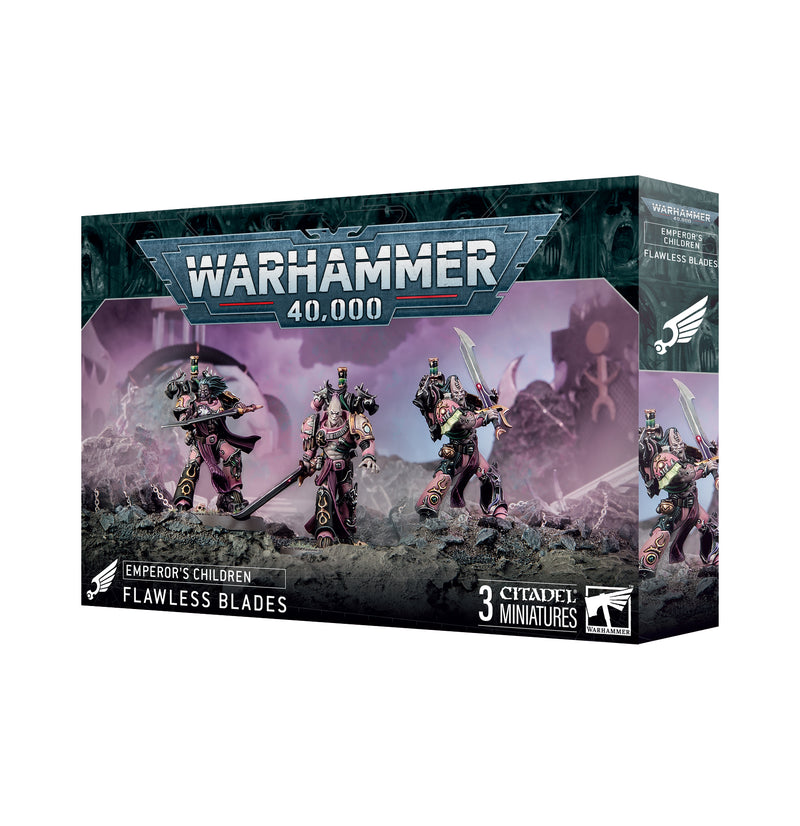 The Warhammer 40k: Emperor's Children - Flawless Blades box set features three painted Citadel miniatures in dynamic poses on the front, with dark, ornate packaging and prominent game branding.