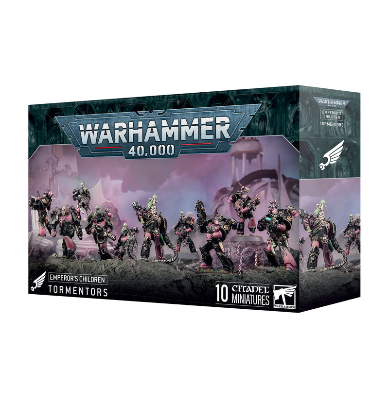 Warhammer 40k: Emperor's Children - Tormentors box features 10 detailed miniatures posed dynamically on a war-torn sci-fi battlefield, showcasing the Emperor’s Children’s fierce presence.