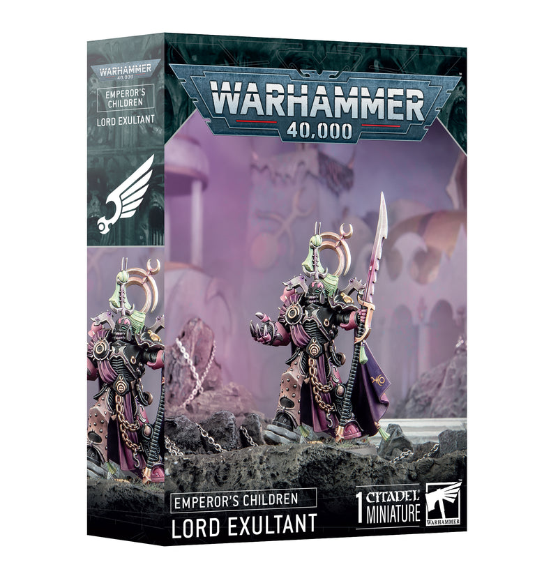 Warhammer 40k: Emperor's Children - Lord Exultant box features the miniature in purple and gold armor with staff and sword, against a fantasy backdrop.