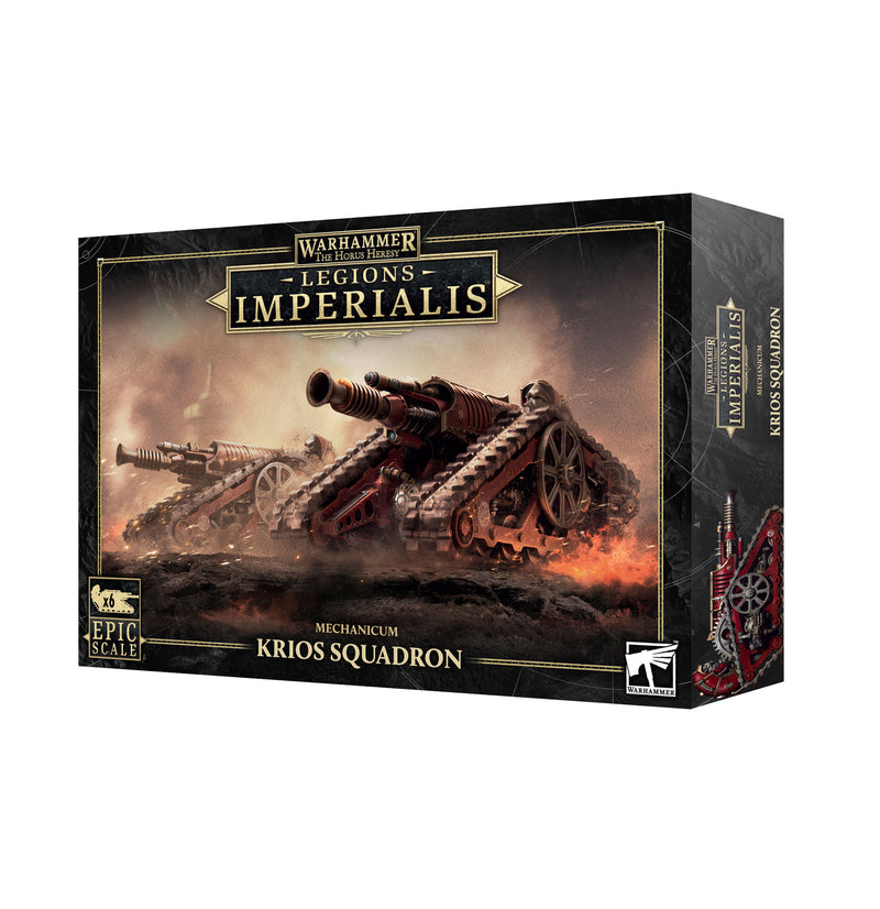 Product packaging for 'Horus Heresy: Legiones Imperialis: Mechanicum Krios Squadron' featuring a black backdrop with a depiction of a battle scene including tanks and smoke.