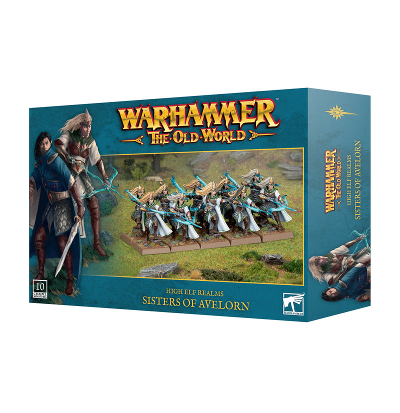 Warhammer The Old World: High Elf Realms - Sisters of Avelorn box from Games Workshop featuring painted miniature figures with Citadel 25mm Square Bases and fantasy artwork of elf warriors wielding bows and swords on a blue background.