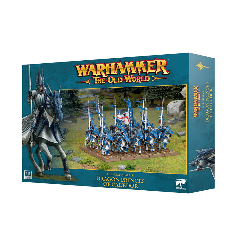 Box of Warhammer The Old World: High Elf Realms - Dragon Princes of Caledor miniatures from Games Workshop, featuring knights in blue armor riding horses with lances, displayed against a scenic background. Distribution restrictions may apply in the United States.