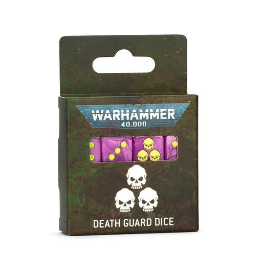 A box of Warhammer 40k: Death Guard - Dice, containing purple dice with yellow pips and skull motifs, packaged in dark green packaging displaying three white skulls on the front.