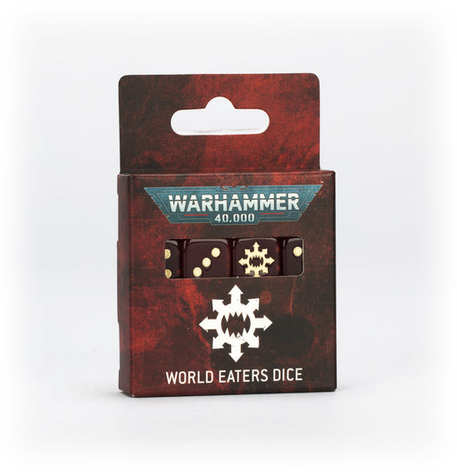 The Warhammer 40k: World Eaters - Dice set comes in a dark red box with a window showcasing two dice—one featuring gold pips and the other decorated with the World Eaters faction symbol.