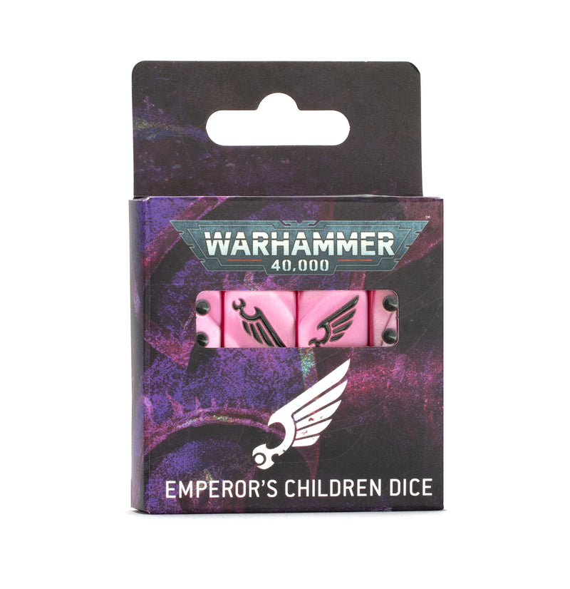 A box of Warhammer 40k: Emperor's Children - Dice from Games Workshop, featuring pink dice with black winged emblems, displayed in black and purple packaging with a clear window. This item is subject to distribution restrictions and may not ship to the United States.