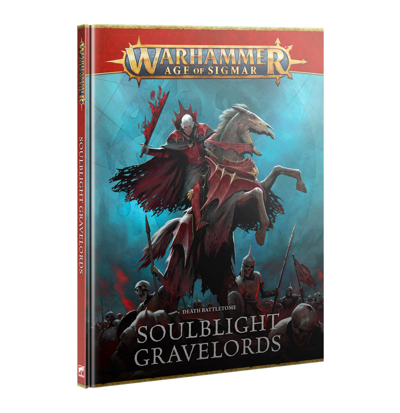 The image shows the Warhammer Age of Sigmar: Soulblight Gravelords - Battletome (2025), with a red-armored undead knight on a skeletal horse, amidst blue mist and skeletal warriors.
