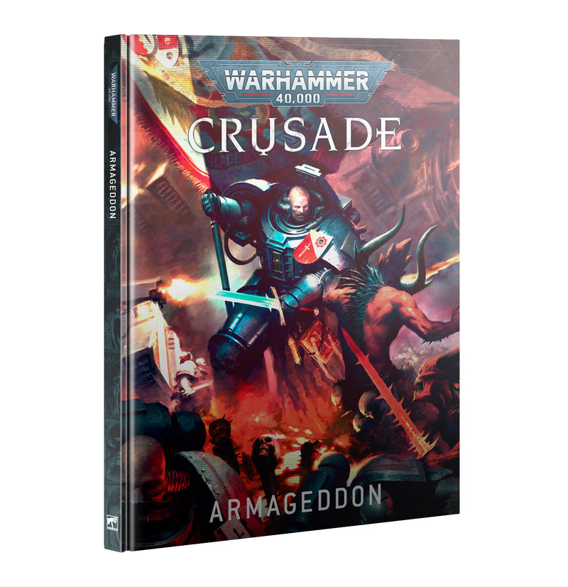 Book cover for Warhammer 40k: Armageddon Crusade Book, featuring a heavily armored soldier with a flag, battling demonic creatures amid fiery chaos. This intense artwork perfectly embodies the spirit of a Crusade campaign in the iconic universe crafted by Games Workshop.