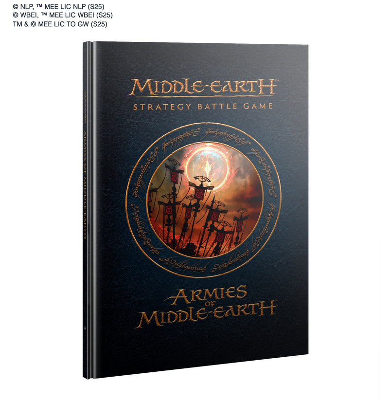 A hardcover rulebook titled LOTR: Middle Earth Strategy Game: Armies of Middle-Earth Rulebook from Games Workshop, featuring a circular illustration with fantasy characters and symbols on the cover. Inside, you'll find detailed army profiles for players of the Middle-earth Strategy Battle Game.