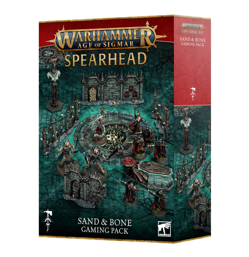 The Age of Sigmar: Sand & Bone Gaming Pack by Games Workshop includes painted miniatures, ruins, and fantasy terrain with a mystical vibe.