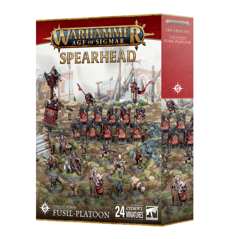 Box of Warhammer Age of Sigmar: Cities of Sigmar - Spearhead: Fusil-Platoon (2025), featuring 24 Citadel miniatures displayed painted before a fantasy battlefield.