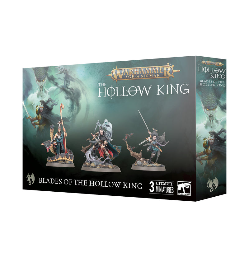 Warhammer Age of Sigmar: Soulblight Gravelords - Blades of the Hollow King box set includes three detailed push-fit plastic miniatures and features a ghostly figure in the background.