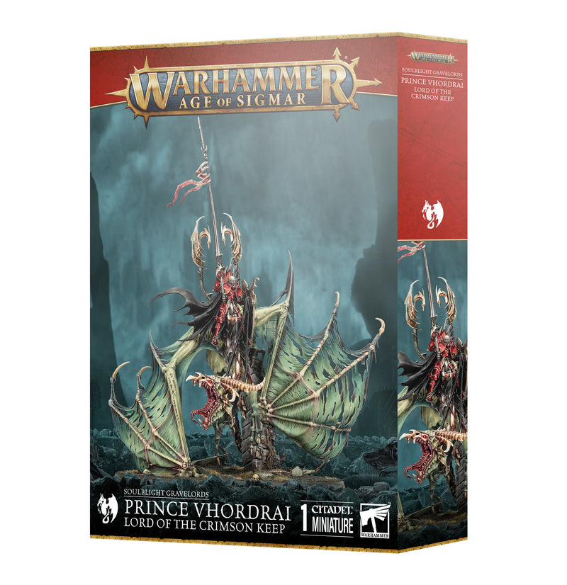 Warhammer Age of Sigmar: Soulblight Gravelords - Prince Vhordrai Lord of the Crimson Keep features an armored vampire knight on a winged undead dragon, plus a Citadel 160mm Round Base for assembly. From Games Workshop.
