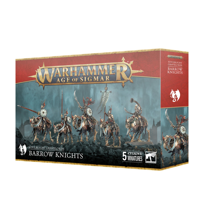 The Warhammer Age of Sigmar: Soulblight Gravelords - Barrow Knights box includes five armored undead knights on horseback with Citadel bases, set against a misty blue-gray backdrop.