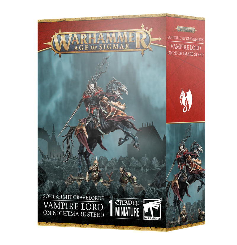 Warhammer Age of Sigmar: Soulblight Gravelords - Vampire Lord on Nightmare Steed box with 80mm base and detailed vampire art.