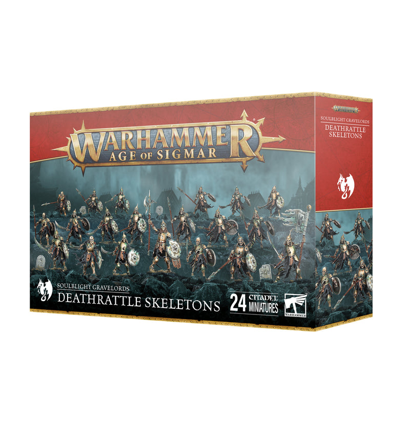 The Warhammer Age of Sigmar: Soulblight Gravelords - Deathrattle Skeletons (2025) box includes 24 armored skeleton miniatures with weapons, shields, and Citadel 25mm Round Bases by Games Workshop.