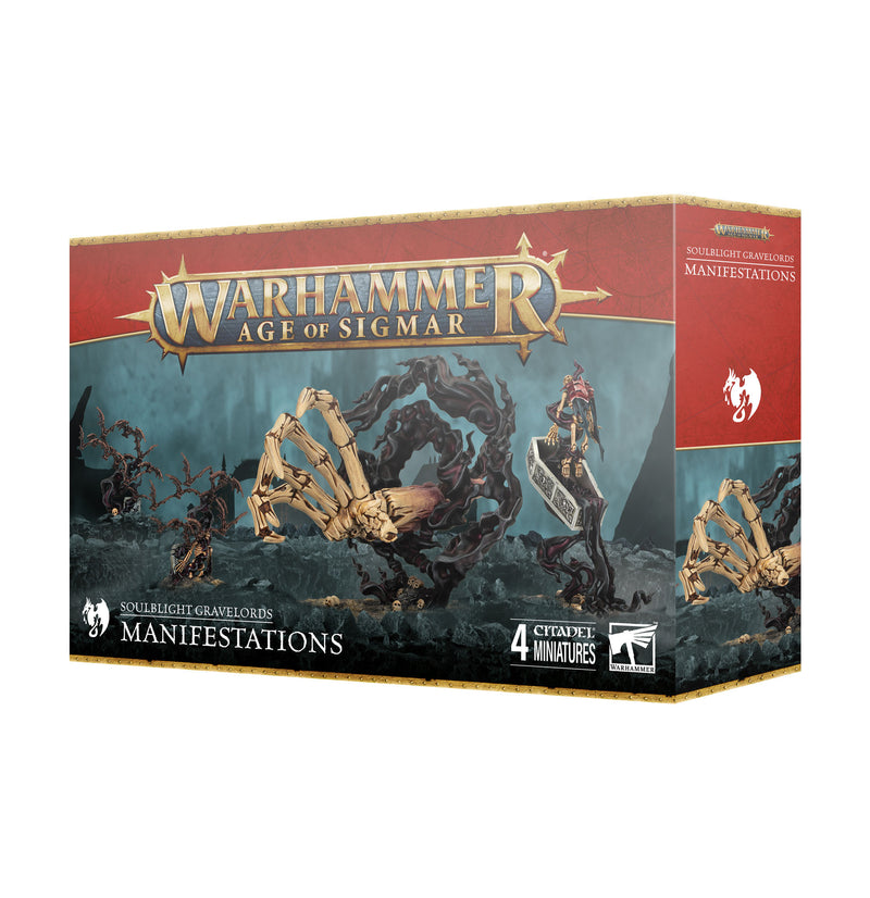 Warhammer Age of Sigmar: Soulblight Gravelords - Manifestations includes 4 Citadel miniatures in a red and gold box.