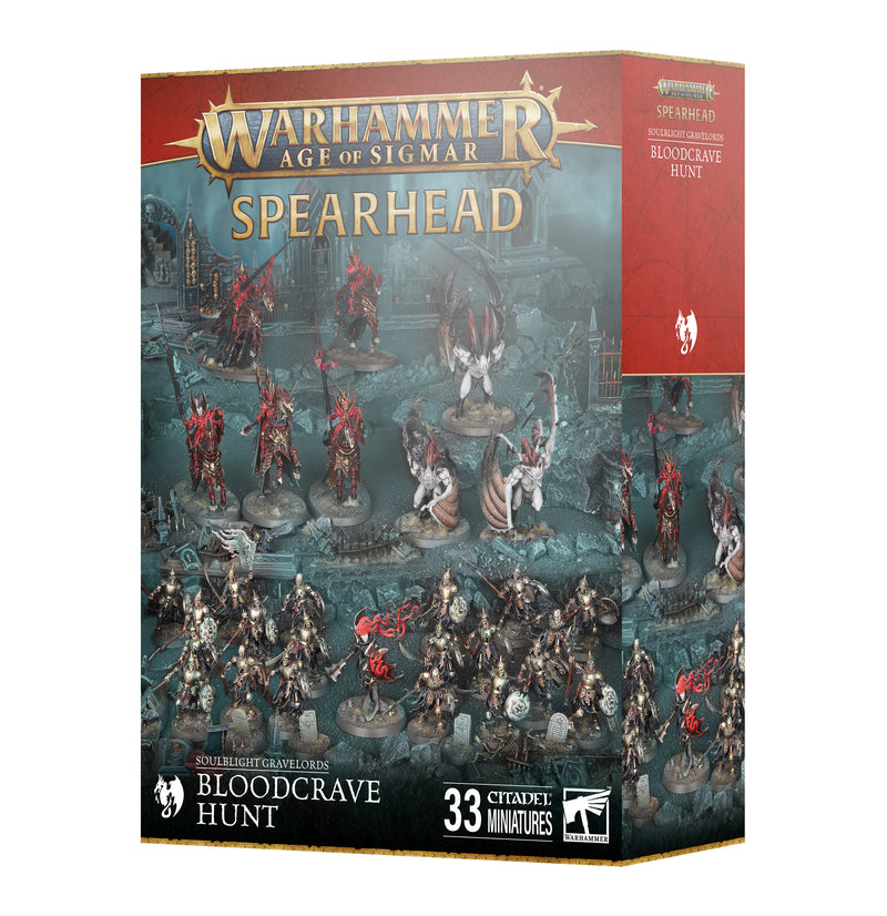 The Warhammer Age of Sigmar: Soulblight Gravelords - Spearhead (2025) box is showcased with painted miniatures, including impressive Blood Knights and a commanding Vampire Lord, set among gothic scenery with product details.