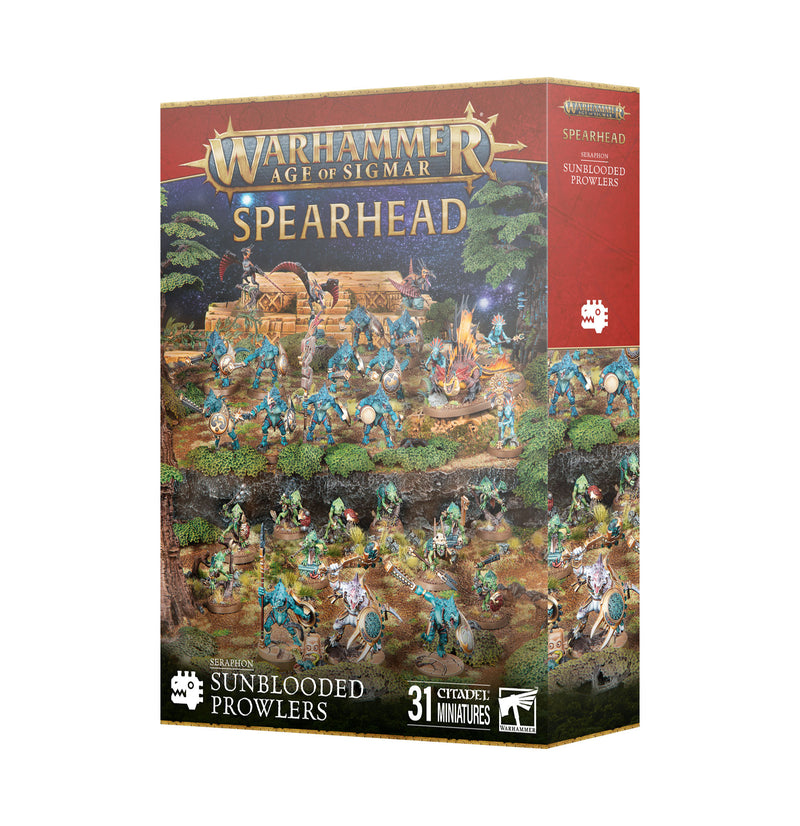 Warhammer Age of Sigmar: Seraphon - Spearhead: Sunblooded Prowlers (2025) box with 31 blue-scaled Seraphon miniatures by Games Workshop, shown on a forest-themed cover.